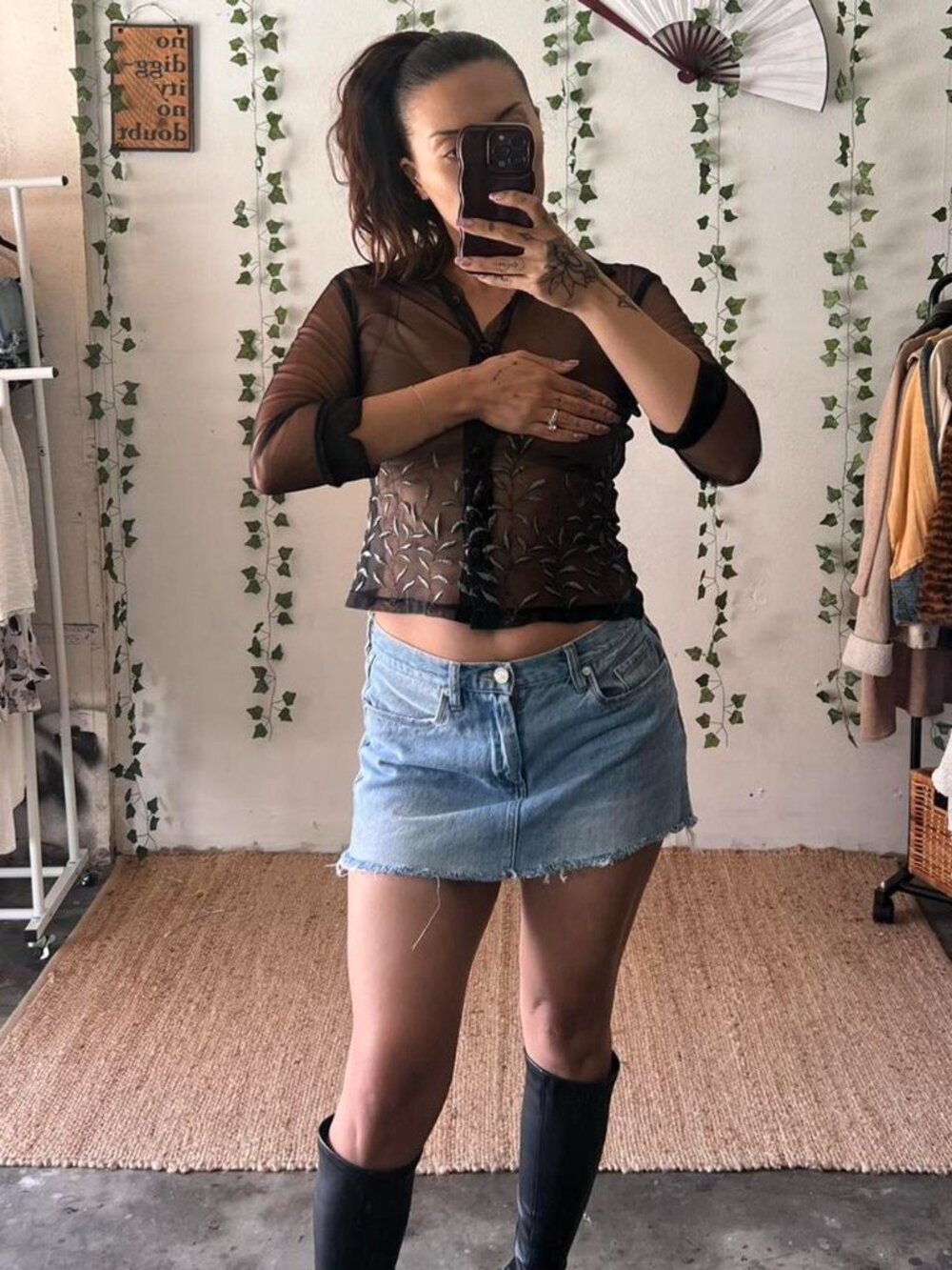 Vintage Y2K Hourglass mesh 3/4 sleeve black button up top with silver embroidery